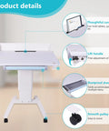 Effortless Height Adjustment Mobile Standing Desk With Quiet Rolling Wheels 28x23 Desktop, features card slot and dustproof drawer.