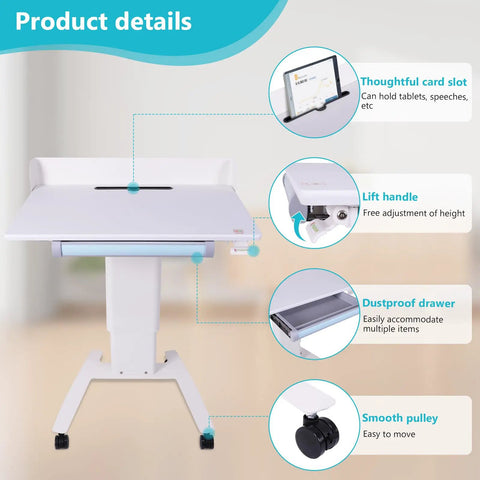 Effortless Height Adjustment Mobile Standing Desk With Quiet Rolling Wheels 28x23 Desktop, features card slot and dustproof drawer.