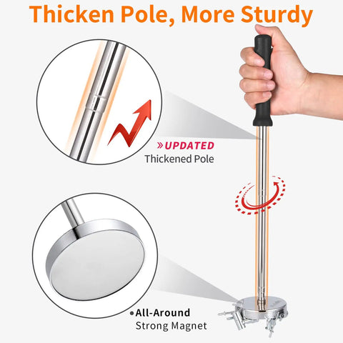 Hand holding 35 Lb Magnetic Pickup Tool Telescoping Wand With Upgraded Pole, black handle, heavy duty stainless steel