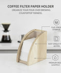 Slick Acrylic Coffee Filter Holder For Pour Over Station Straight Up Countertop Organizer displaying flat paper filters in wood stand.