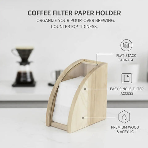 Slick Acrylic Coffee Filter Holder For Pour Over Station Straight Up Countertop Organizer displaying flat paper filters in wood stand.