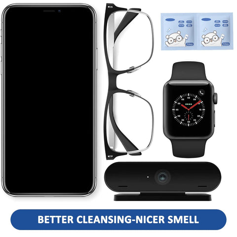 200-count anti-fog wet wipes for glasses and screens; shown with eyeglasses, iPhone, Apple Watch, and webcam