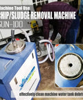 Rock Solid Pneumatic Chip And Sludge Removal Machine For Cnc Coolant Disposal System with hoses and collection drum.