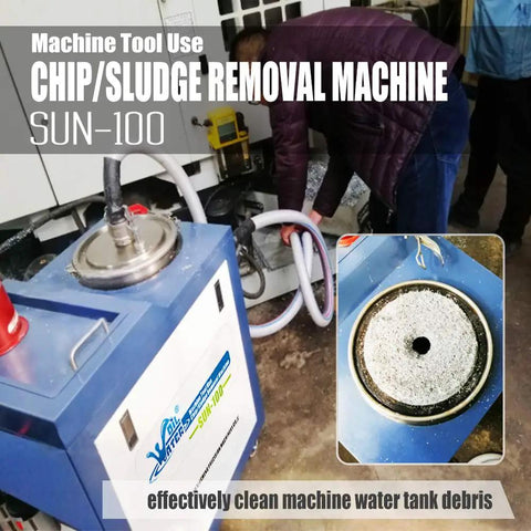 Rock Solid Pneumatic Chip And Sludge Removal Machine For Cnc Coolant Disposal System with hoses and collection drum.