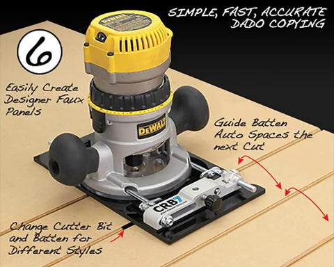 Seven Functions In One Jig Router Base Kit for dado copying with DeWalt router on CRB7 for accurate, customizable cuts.