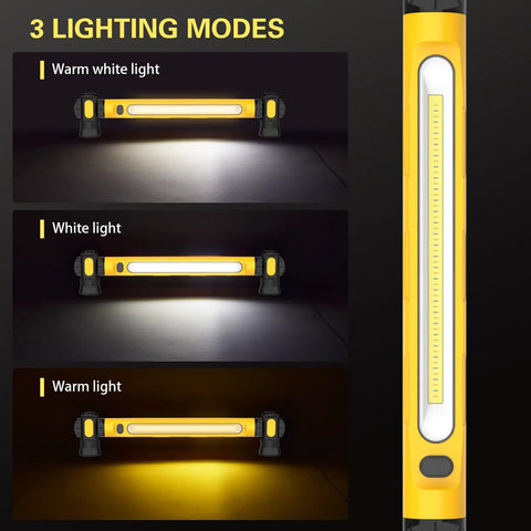 Magnetic LED Work Light Bar With 6000mAh Battery And 3000LM Brightness, Rechargeable Inspection Lamp, three light modes shown