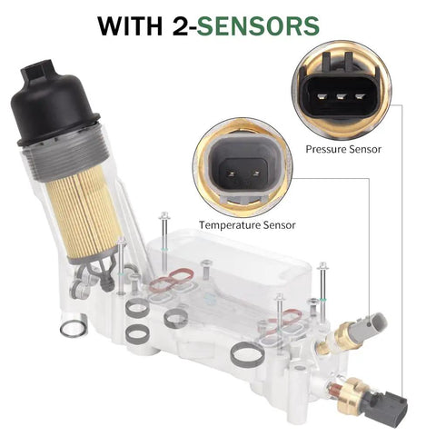 Aluminum Engine Oil Cooler And Oil Filter Housing Adapter For 3.6L V6 Engines 2011 2016 with pressure and temperature sensors