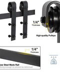 Heavy Duty Rock Solid Carbon Steel Barn Door Track System With Super Slick Matte Black Finish And No Fuss Mounting Hardware For Modern Single Door Spaces, featuring high-quality pulleys and 1/4" thick raw steel rail.