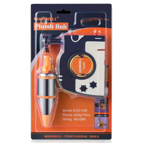 Pro Plumb Bob With Auto Retracting String 8m 26ft Nylon Cord 15oz Weight in packaging; visible plumb bob and casing.