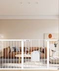 Extra Wide Baby Gate With Cat Door Walk Through Small Pet Door Safety Gate for Stair and Kitchen, pressure mounted in living room.
