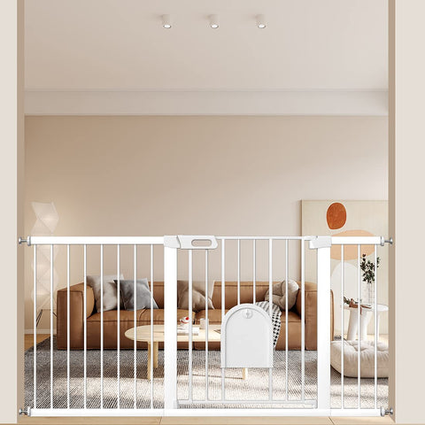Extra Wide Baby Gate With Cat Door Walk Through Small Pet Door Safety Gate for Stair and Kitchen, pressure mounted in living room.