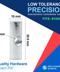 Cross Dowel Barrel Nut Replacement Kit For 100507 Furniture Fasteners, detailed dimensions with zinc-plated finish.