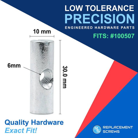 Cross Dowel Barrel Nut Replacement Kit For 100507 Furniture Fasteners, detailed dimensions with zinc-plated finish.