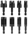 Top Notch Eight Piece Wood Plug Cutter Drill Bit Set Made From Tough Carbon Steel Packs 1/4 3/8 1/2 And 5/8 Inch Hex Shank details.