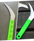 Close-up of green-handled scythe from Two Piece Portable Grass Scythe And Weeding Tool Set For Garden with serrated blade.