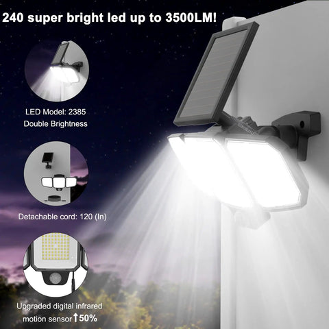 Beefy Triple Head Solar Security Flood Lights With 243 LED 3500LM Motion Sensor IP65 Waterproof Outdoor Wall Lights With Separate Solar Panel And Remote Control 3 Modes Weather Resistant Wide Area Illumination Low Maintenance Durable Aluminum Housing 9
