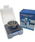 Deburring External Chamfer Tool With Tungsten Blade for Power Drill in box next to packaging showing metal deburring use.
