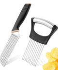 Crinkle cutter knife with black rubber handle and stainless steel multi-blade julienne slicer with onion holder.