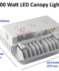 Powerhouse 100W LED Canopy Light Polaris II Series with dimensions, top view for ceilings, gas stations, and retail stores.
