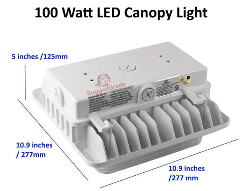 Beast Bright 150W LED Canopy Light Polaris I Series With Over 20,000 Lumens, 100W model dimensions, 5000K, ceiling mount view.