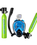 0.5L Portable Scuba Diving Tank With Snorkel Mask Dual Function Full Face Underwater Breathing System Mouthpiece Tank And Mask Connect Tank Air Buddy Duo Pack Kit Green Blue