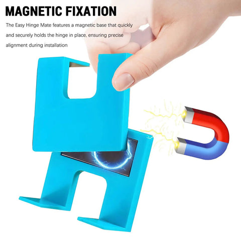 Magnetic Door Hinge Jig For Accurate Mortise And Hinge Cuts with blue magnetic base in hand, demonstrating magnetic fixation