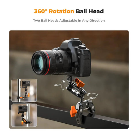 Heavy Duty Camera Clamp Mount With Two 360 Degree Ball Heads Magic Arm holding DSLR and action camera on railing