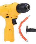 Badass Cordless Drill Driver With 3 8 Inch Chuck And 15 Nm Torque For Drilling Wood Brick Tile And Home Repair Projects. Yellow drill with bits.