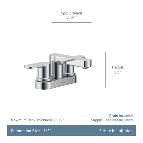 Two-Handle 4-Inch Centerset Chrome Bathroom Sink Faucet With Drain Assembly, Dope Modern Look, 3-Hole Install, Durable Chrome