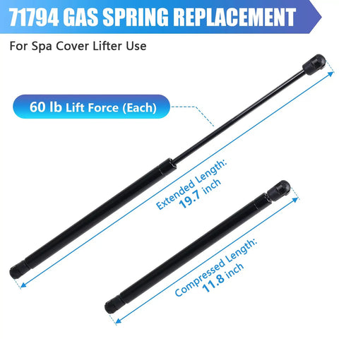 Pro Grade 20 Inch Gas Spring Cover Lifter Kit Offering Sixty Pound Drag For Spa Hot Tubs Exact 71794 showing 60 lb lift force and sizes.