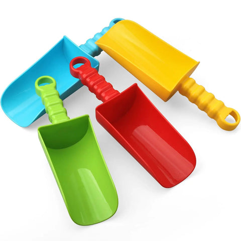 Colorful 9 Inch Beach Sand Shovels Set For Kids And Grown Ups, Heavy Duty Solid ABS Spades, 4 Piece Sandbox Garden Tool Kit, non-slip handles.