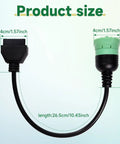 9 Pin J1939 Male To 16 Pin OBD2 OBDII Female Right Angle Adapter Cable with product measurements in inches and centimeters