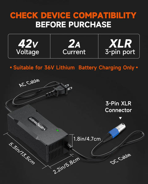 36V Lithium Battery Charger With 42V 2A Fast Charge And Turbo Cooling Fan For Electric Bikes And Scooters No Sweat Overheat Protection 3 Pin XLR Connector Compatible With Mini Dirt 650 Battery