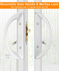 Premium Sliding Patio Door Handle Set With Lock And Key Cylinder for reversible doors, showing interior and exterior handles.