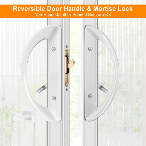 Premium Sliding Patio Door Handle Set With Lock And Key Cylinder for reversible doors, showing interior and exterior handles.