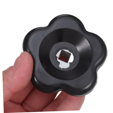 2-Pack Black Bakelite Valve Handwheel Handle 60mm With 7x7mm Square Hole For Outdoor Water Spigot Replacement DIY Ready Spigot Handle Parts For Hose Bib And Commercial Faucets showing a close-up of the black handwheel with a visible square hole.