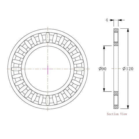 Shop Ready Heavy Duty Thrust Needle Roller Bearing Kit With Two Reinforced Chrome Steel Washers 90Mm ID 120Mm OD 4Mm Wide section view diagram.