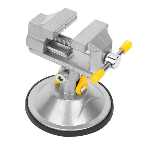 360 Degree Rotating Vise Workbench With Suction Cup Base for DIY Projects, metal vise with strong suction base, yellow handles.