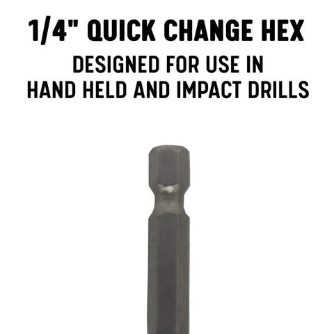 Image of the 29 Piece Quick Change Hex Shank Drill Bit Set 1/16 Inch To 1/2 Inch In Plastic Case For Handheld And Impact Drills, showcasing a 1/4 inch quick change hex shank.