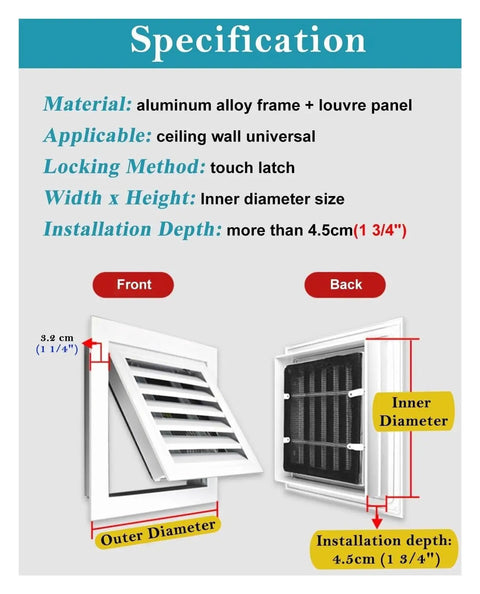 Dead Simple No Hassle Removable Air Grille Access Panel 30 By 34 Inch Drywall Hatch with louvered door specifications image.