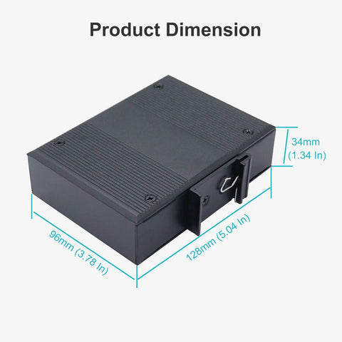 Rugged Industrial Five Port Gigabit PoE Switch With Four PoE Ports And One Uplink dimensions, black rectangular housing.