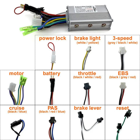 EZ Install Top Shelf 24V 36V 48V Brushless Motor Controller For Electric Bike Hub Motor With Hall Sensor Support 250W 350W Straight Plug Drive Upgrade wiring connections and labels