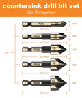 Five Piece HSS Countersink Drill Bit Set With Hex Shank For Wood And Metal, One Quarter Inch To Three Quarter Inch Sizes