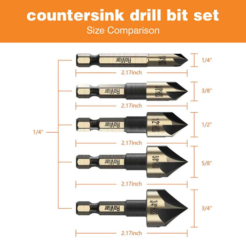 Five Piece HSS Countersink Drill Bit Set With Hex Shank For Wood And Metal, One Quarter Inch To Three Quarter Inch Sizes