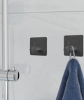 Heavy Duty Black Adhesive Hooks 6 Pack Wall Mount Hangers for Coat, Hat, Towel, Robe, Keys, Clothes Durable Aluminum Style for Home, Office, Kitchen, Bathroom shown with towel hanging