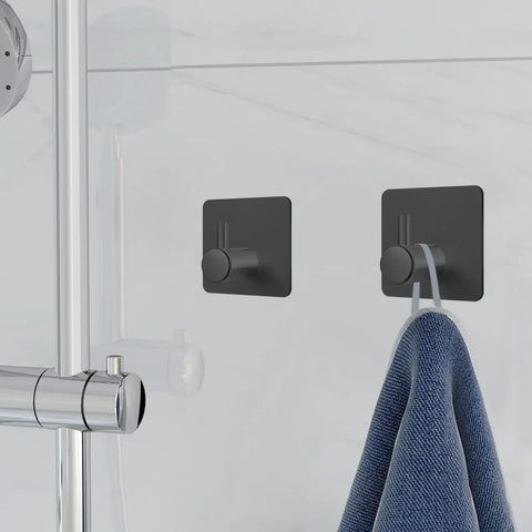 Heavy Duty Black Adhesive Hooks 6 Pack Wall Mount Hangers for Coat, Hat, Towel, Robe, Keys, Clothes Durable Aluminum Style for Home, Office, Kitchen, Bathroom shown with towel hanging