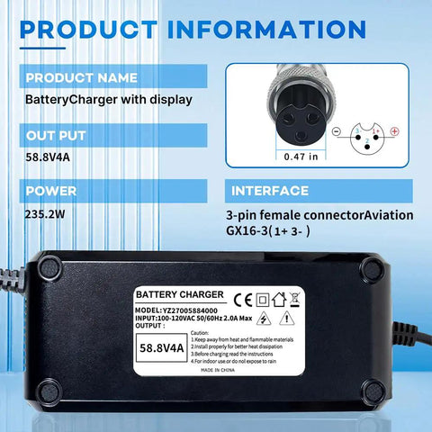 58.8V 4A Super Fast Charger For Electric Bikes And Scooters 48V To 52V Li-ion Battery Charger 14s Compatibility GX16-3 Standard