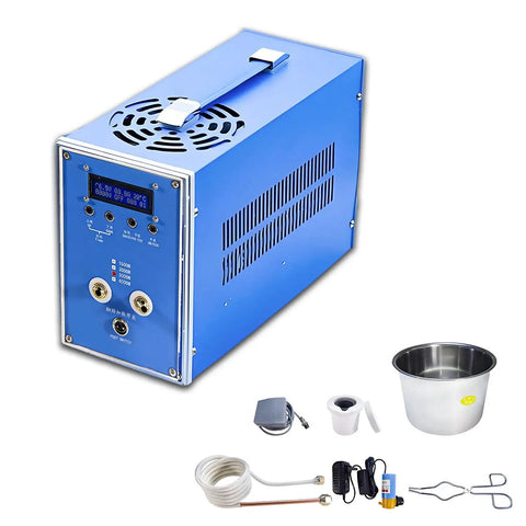 3KW Induction Heating Furnace For Metalworking, Pro Grade, Heavy Duty, Dual Water Cooling unit with accessories displayed.