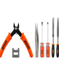 9 Piece Model Tools Kit For Car Model Building And Repairing, includes orange-handled pliers, tweezers, two screwdrivers, and files.