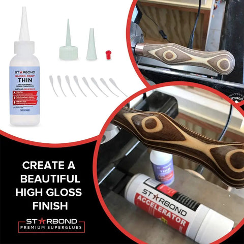 Super Fast Thin Cyanoacrylate Glue Refill Kit 16 Oz With Pro Grade Bottles Caps Microtips And Yorker Spout For Cracks Joints Woodturning wood lathe handle finish and applicator tips